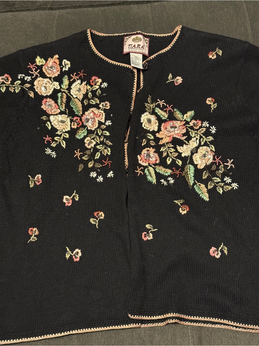 Tiara Black Floral Embroidered Cardigan with Pink & Cream Accents